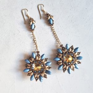 Dangling Blue and gold colors flower earrings