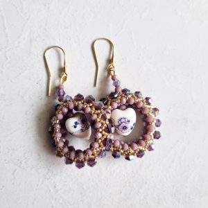 Purple heart circle earrings